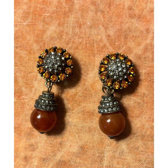 Heidi Daus Jewelry - Vintage Carnelian Bead Drop and Crystal Clip On Earrings